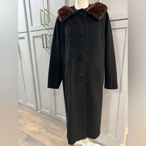 Vintage 1950s Women’s Black Dress Coat with‎ Fur Collar Hollywood Glamour Large